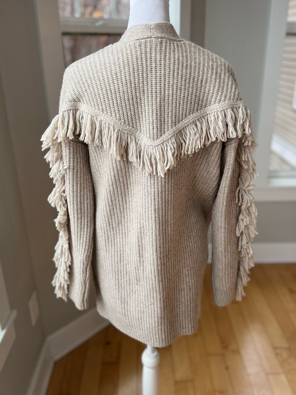 Tularosa Beige Taupe Tan Fringe Trim Open Cardigan Sz XS